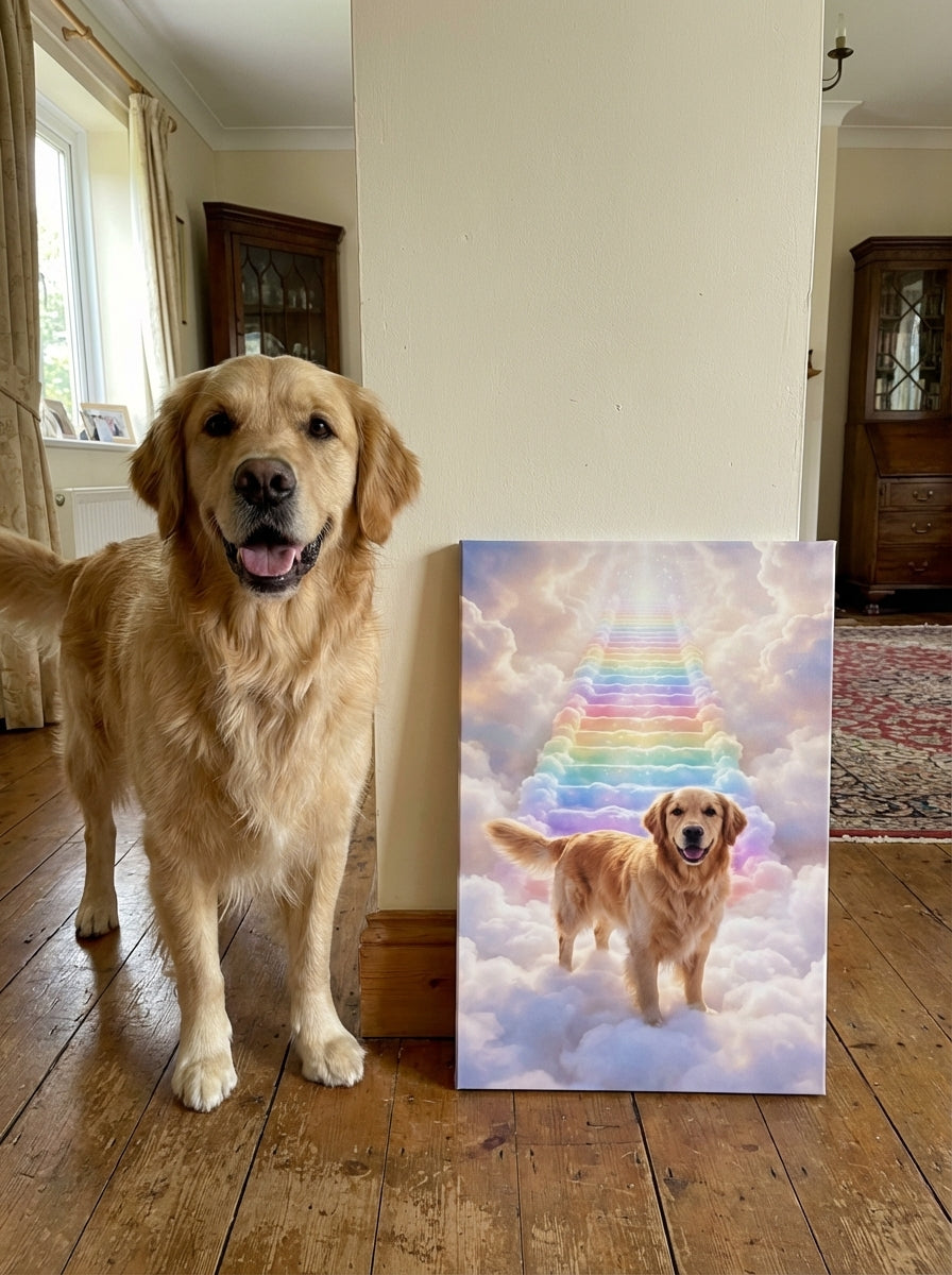 Pet Heaven Canvas Print — Rainbow Stairway Pet Memorial Artwork